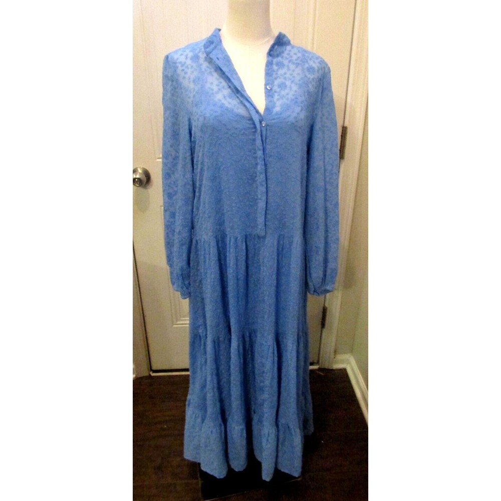 H&M Maxi Dress Blue Embroidered Tiered Cuff Sleeves Slip Lining Size 6 - Picture 3 of 8
